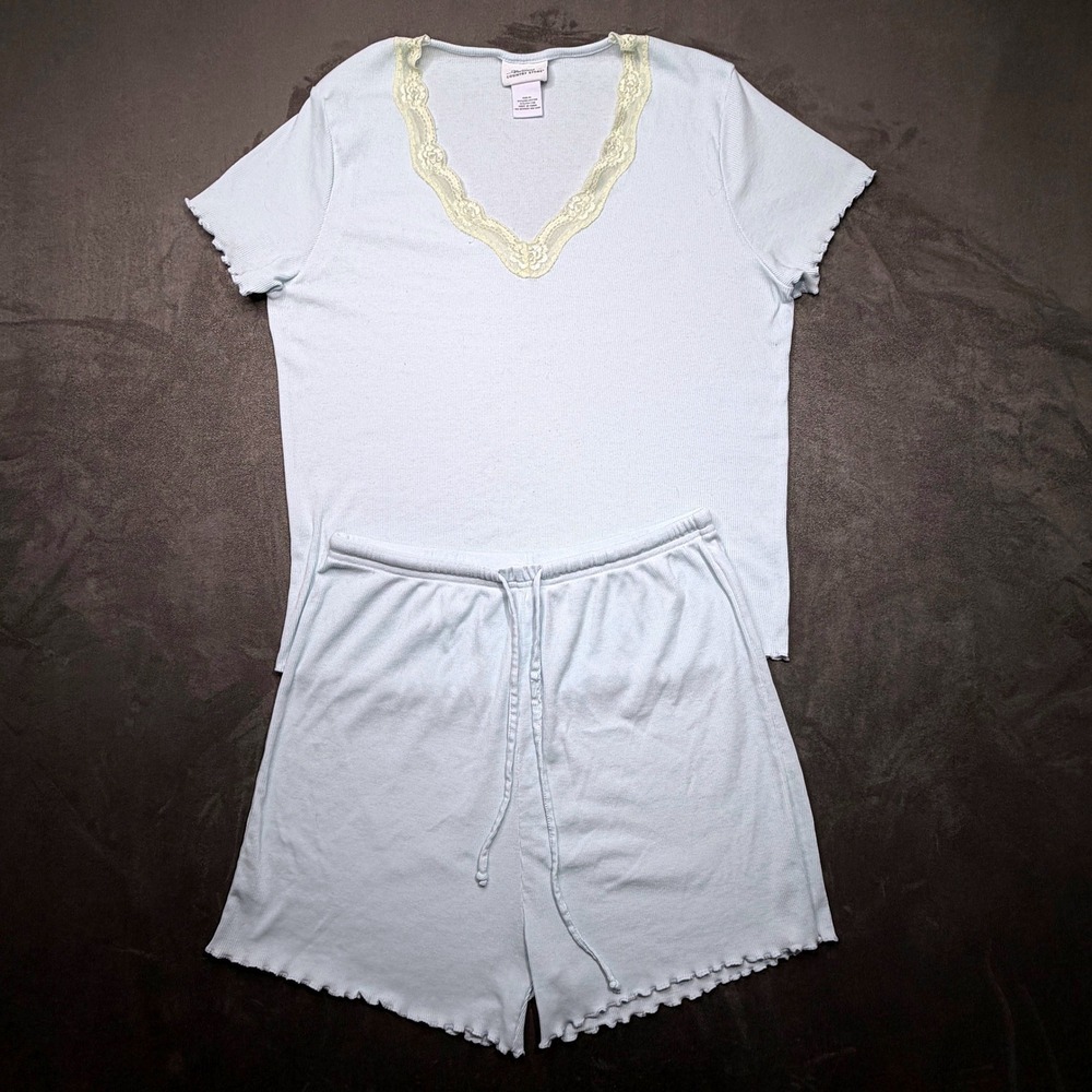 Vermont Country Store Womens Pajama Set XL Blue Lace Trim Ribbed Shorts Set